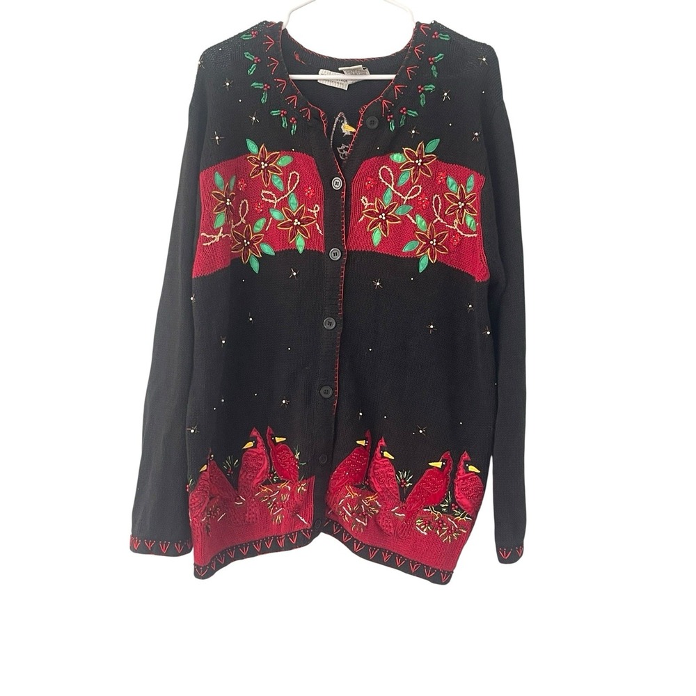 Women's Vintage Christmas Cardigan 2X Birds Flowers Festive Embroidered Beaded
